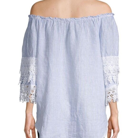 Saks Fifth Avenue White Blue Stripe‎ Off The Shoulder Linen Lace Blouse Medium - Picture 8 of 8